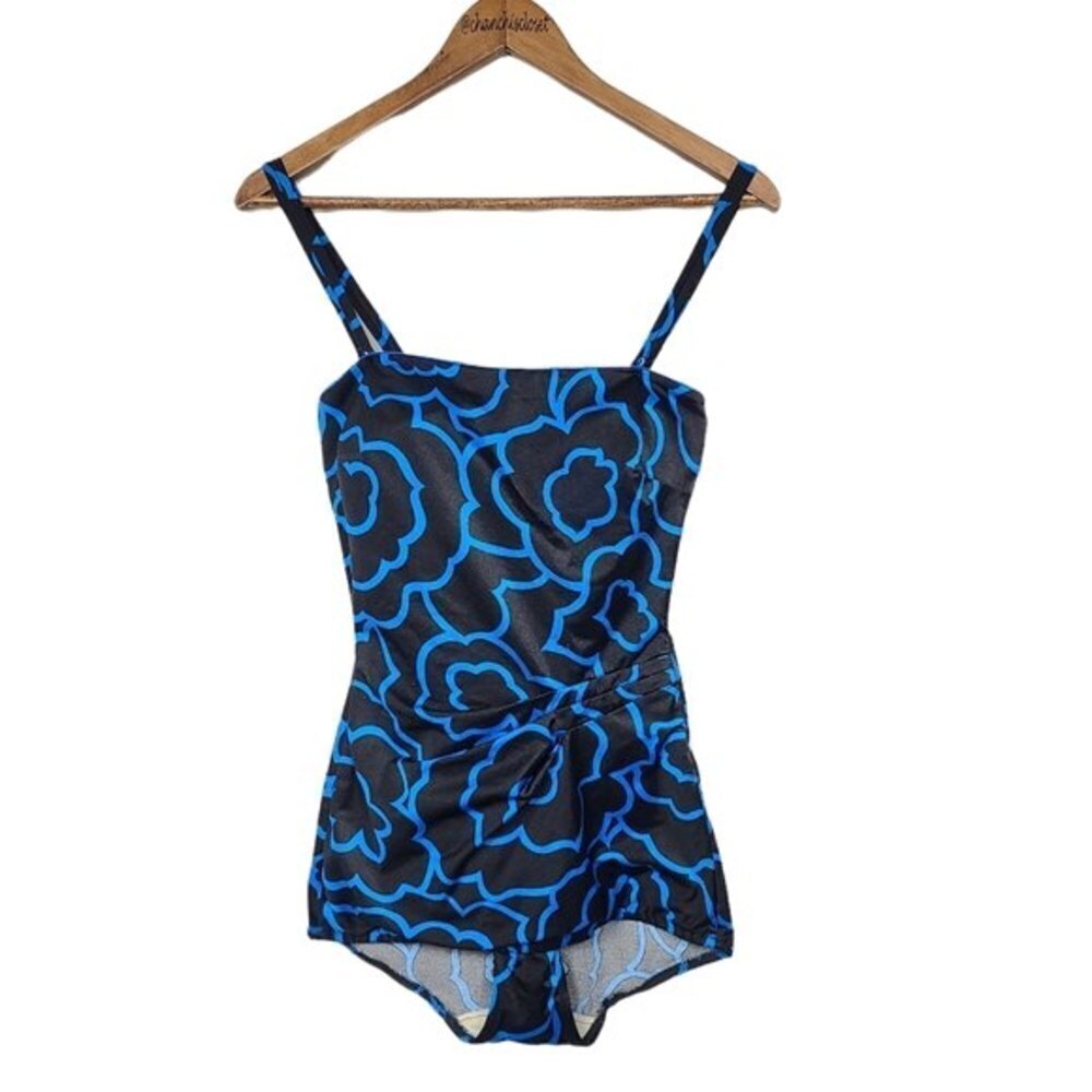 Roxanne Vintage One Piece Black Blue Swimsuit Size 14